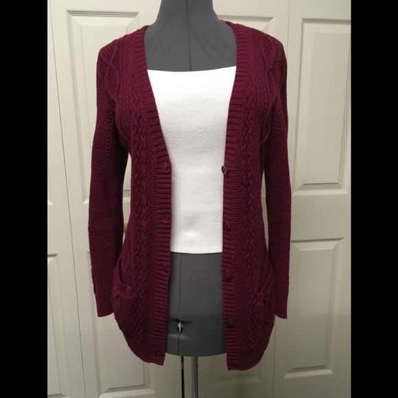Burgundy cardigan sweater. - Picture 1 of 6
